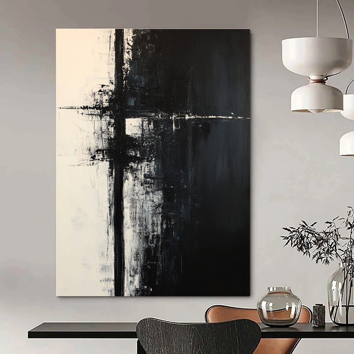Black and White Cross Abstract Painting for Edgy Office Spaces GAB0837