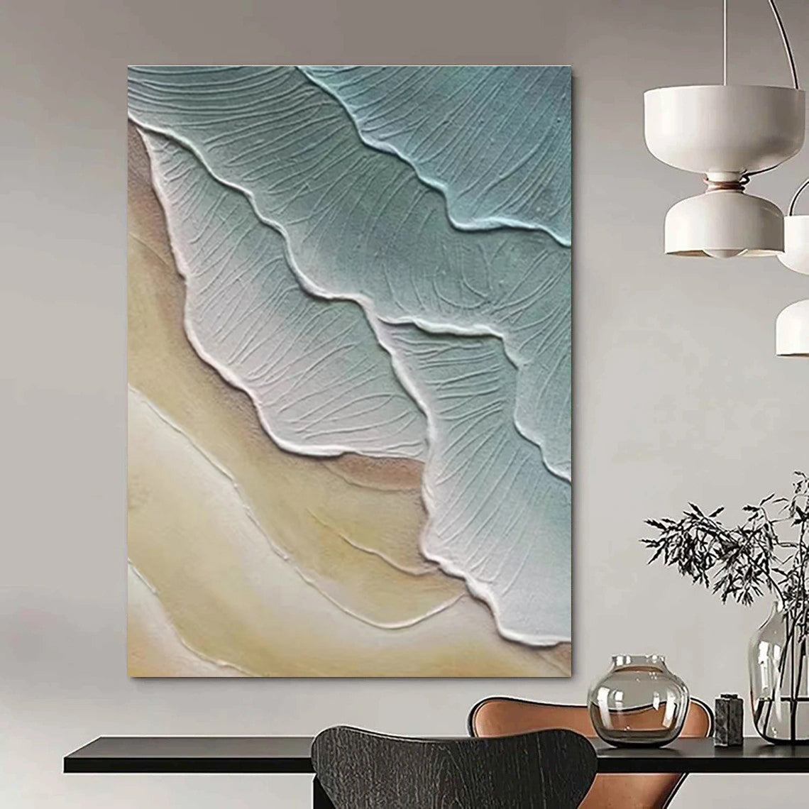 Textured Leaf - Like Abstract in Green and Beige Painting for Nature - Themed Spaces HENG342