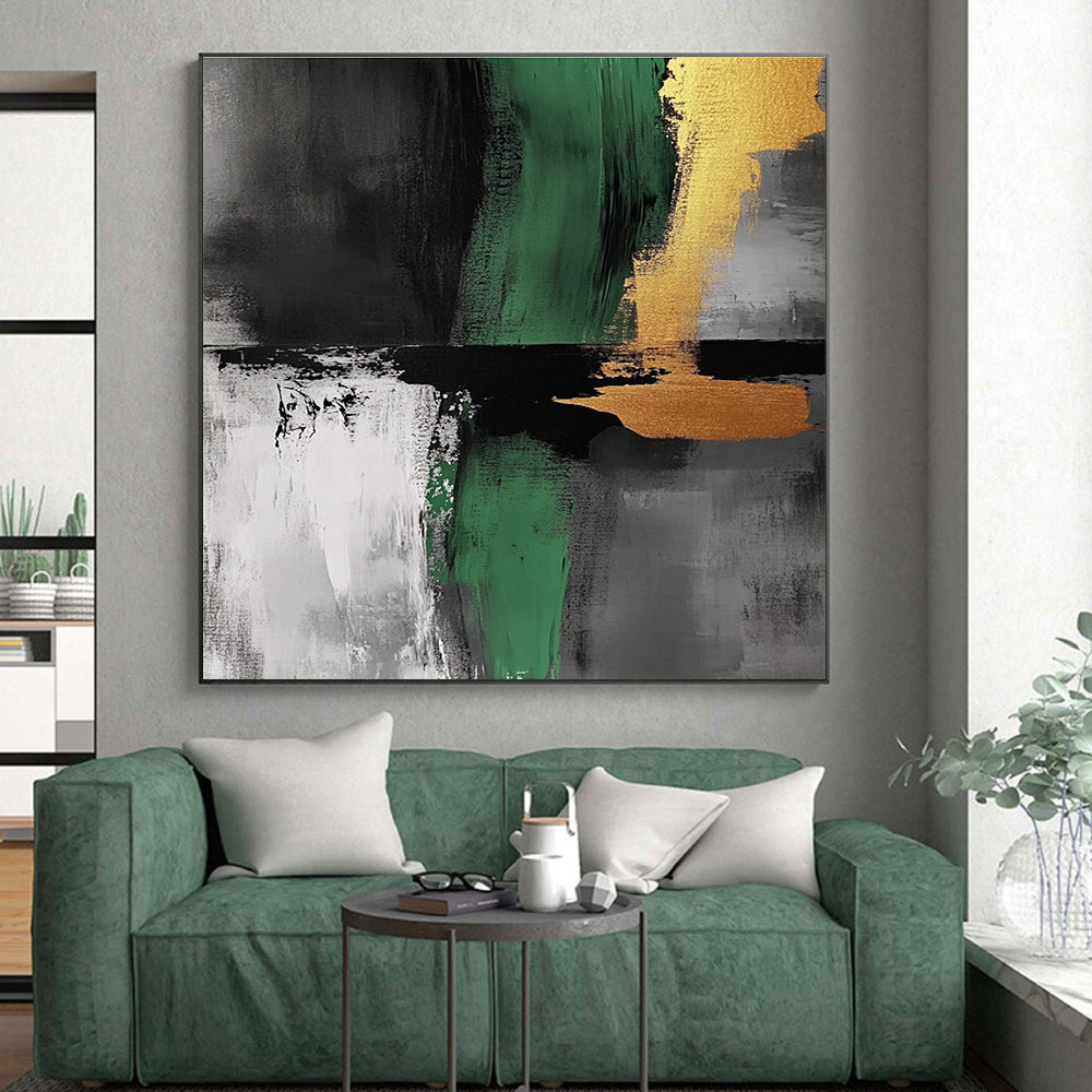Green Black Gold Abstract Painting with Bold Accents WINK550