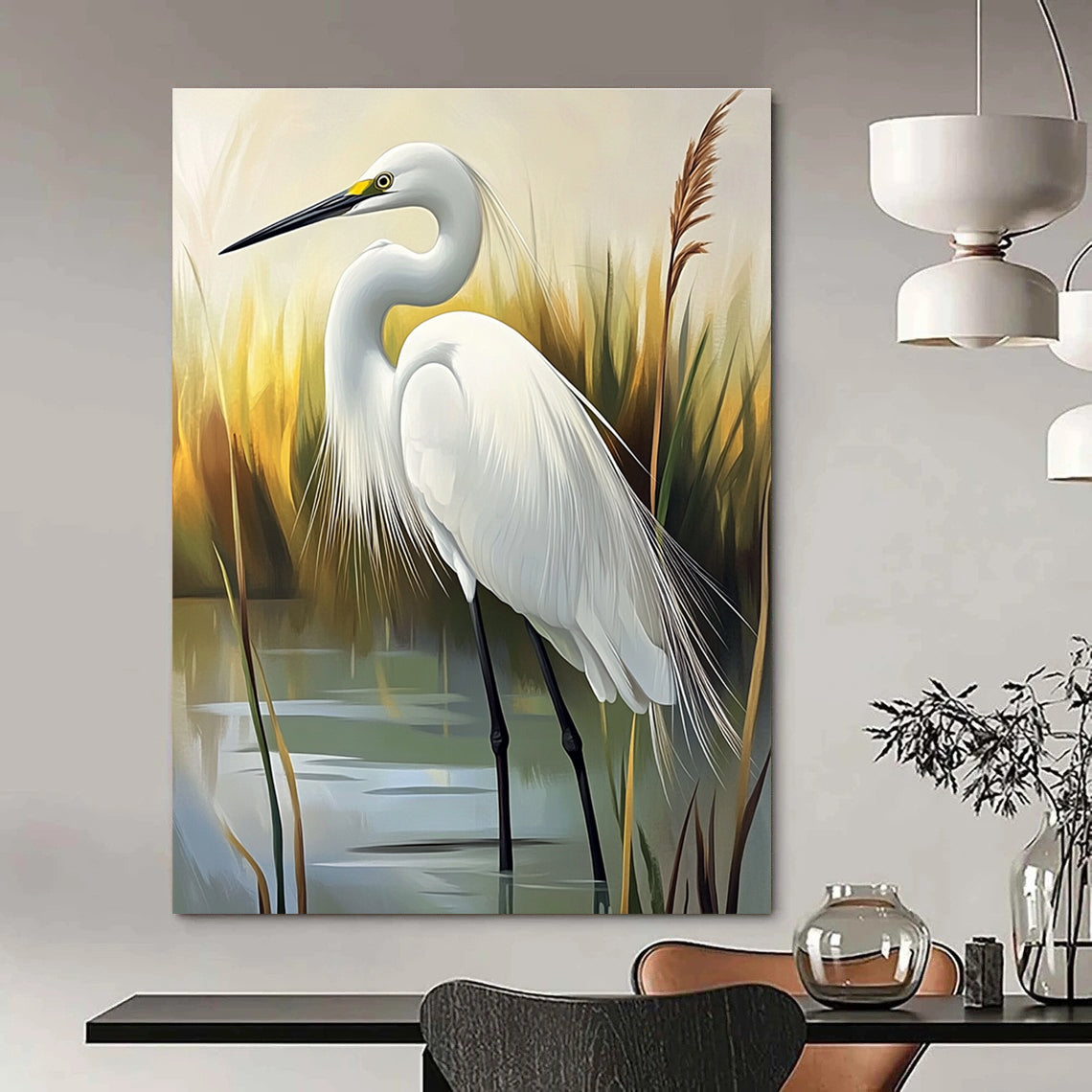 White Egret Realistic - Abstract Painting for Nature - Themed Home Offices GAB1331