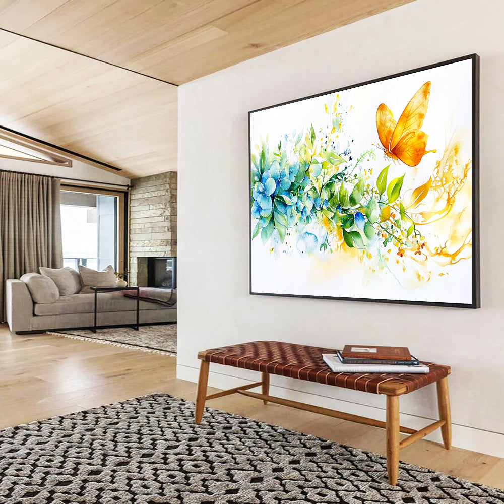 Blue Hydrangeas and Butterfly: Delicate Nature’s Moment Abstract Painting ABS158