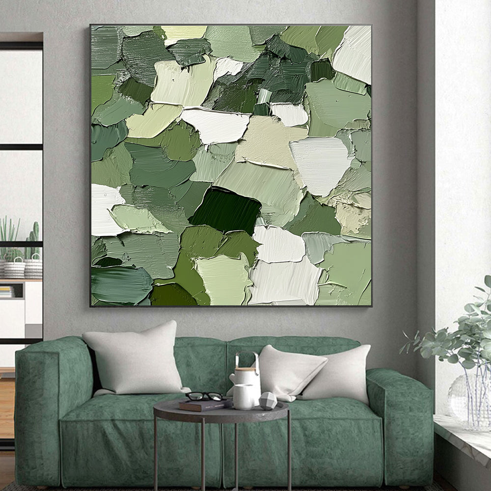 Green and White Patchwork Abstract Painting with Fresh Vitality WINK043