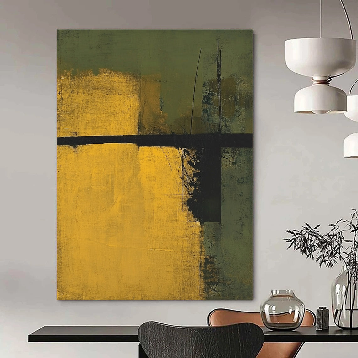 Earthy Green and Yellow Abstract Painting for Nature - Inspired Spaces GAB0685