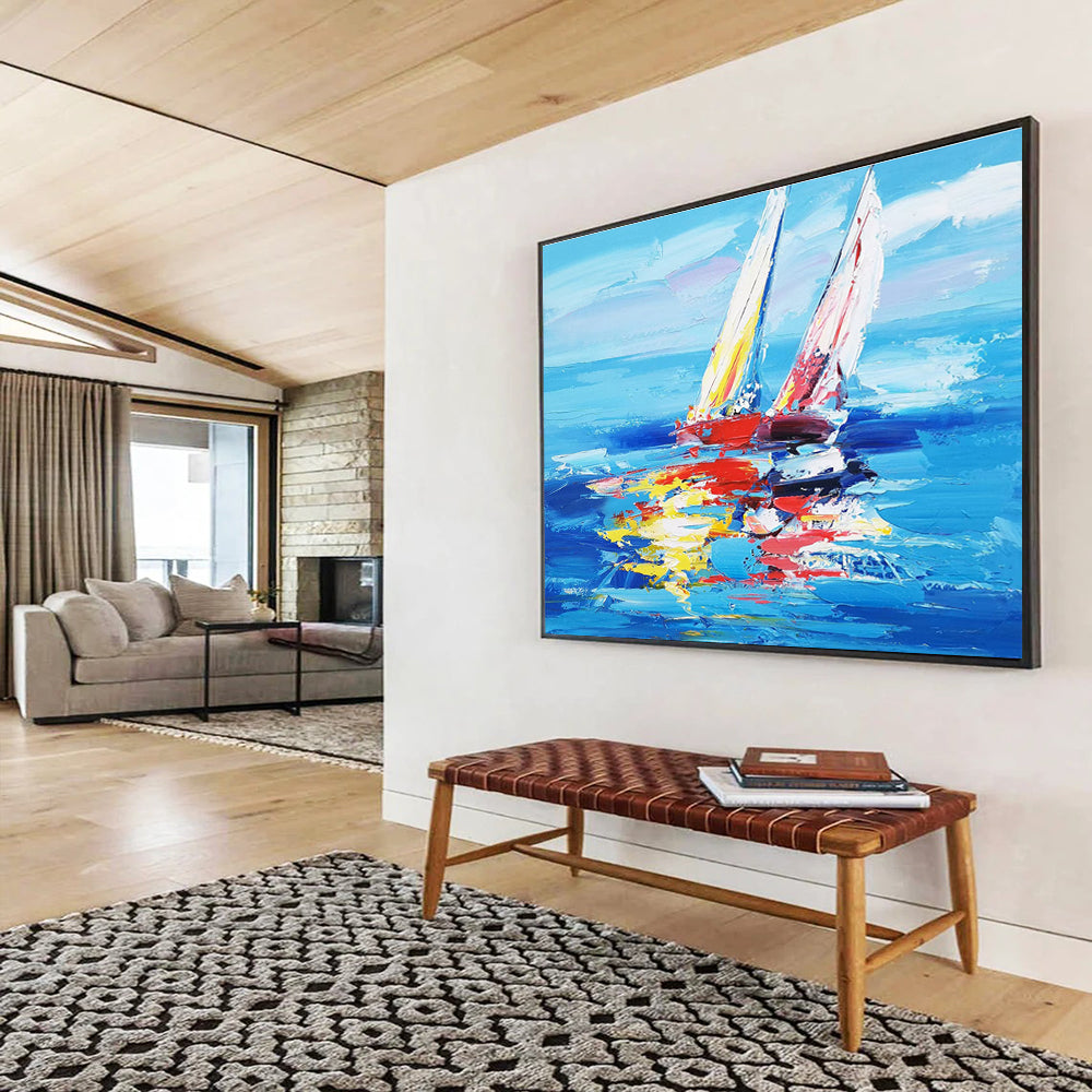 Colorful Sailboat Abstract Painting for Coastal Home Dining Rooms YHT268