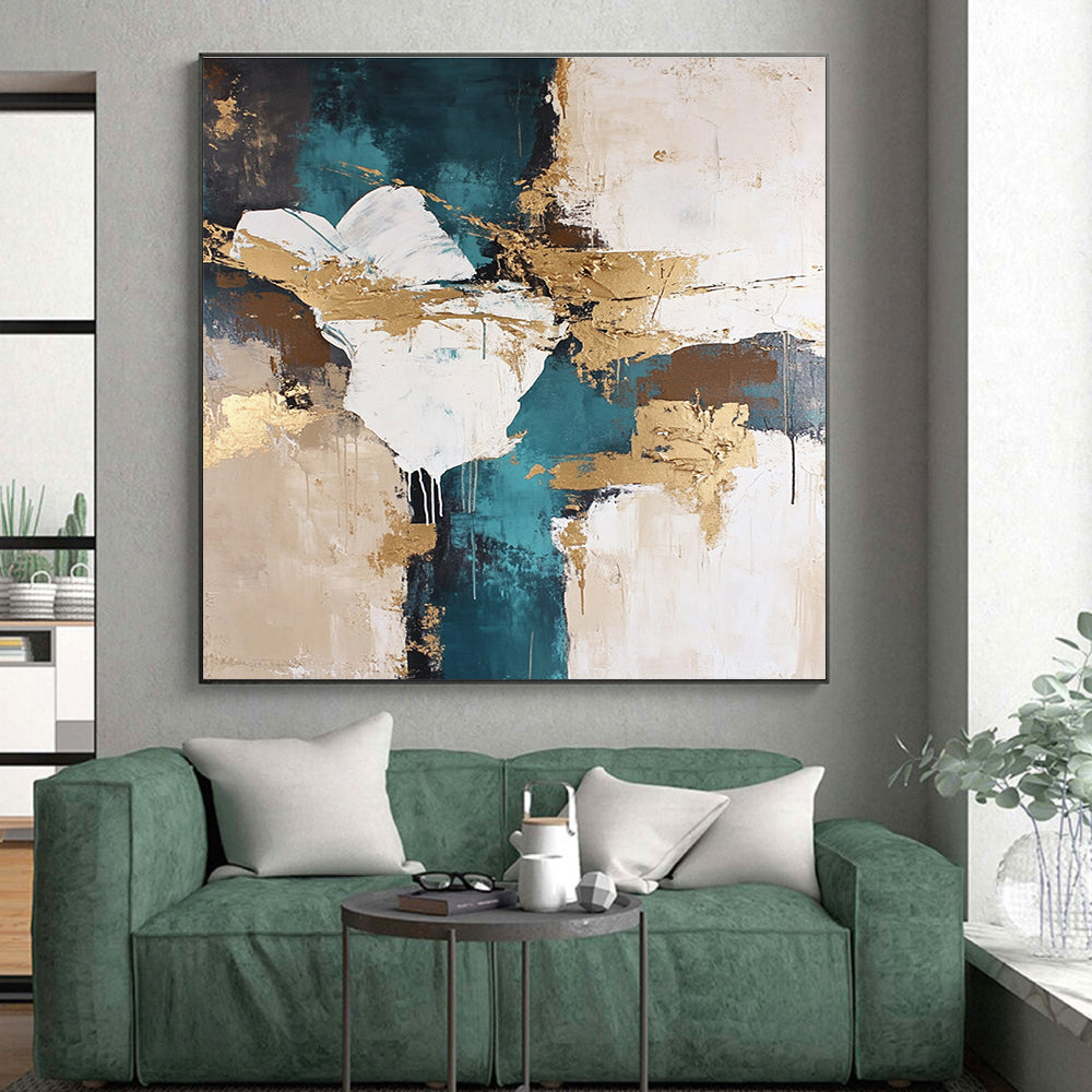 Teal - Gold - White Abstract Painting with Artistic Flair WINK447