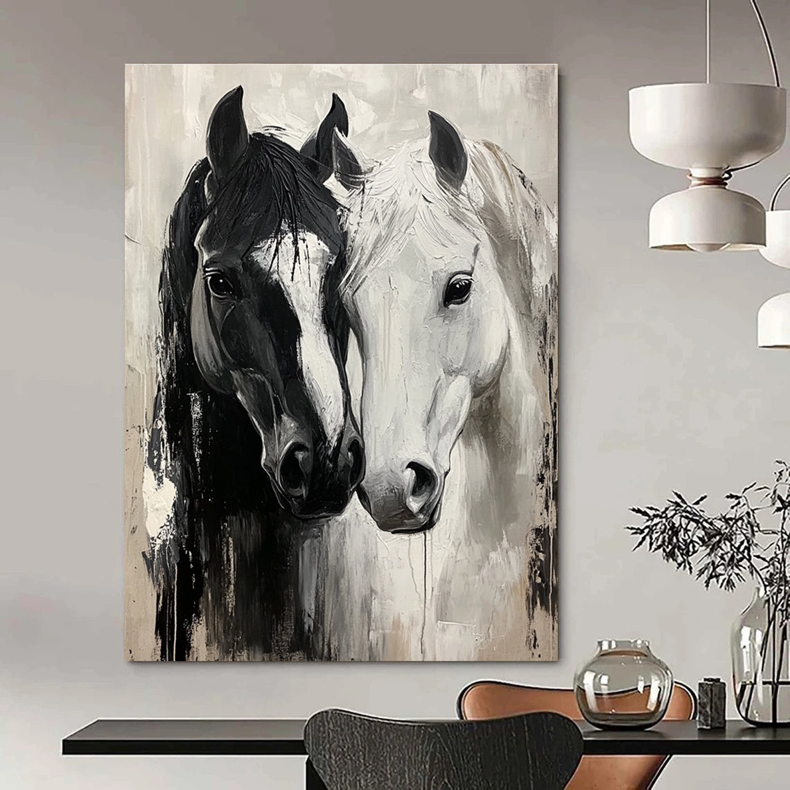Two Horses in Black and White Dynamic Abstract Painting for Energetic Interiors GAB1433