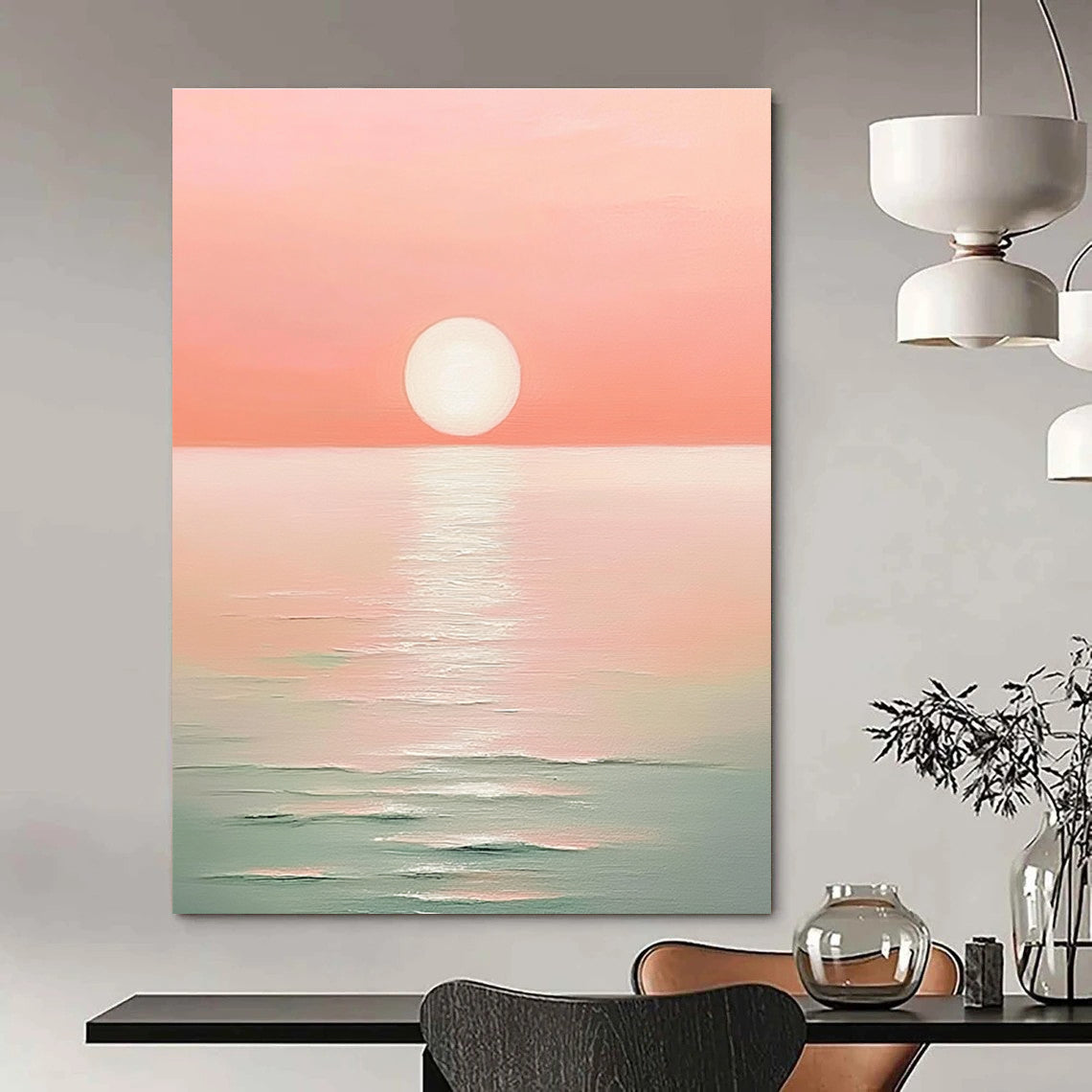 Pink Sunset Over Sea I Minimalist Abstract Painting for Serene Bedrooms GAB1467