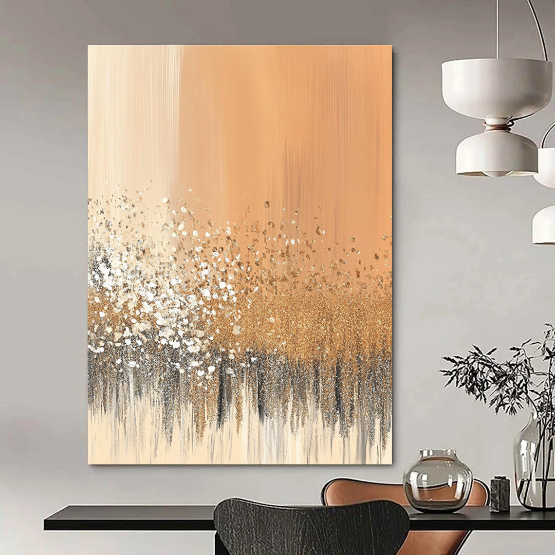 Golden Glitter on Peach Abstract Painting of Luxurious Sparkle GAB0114