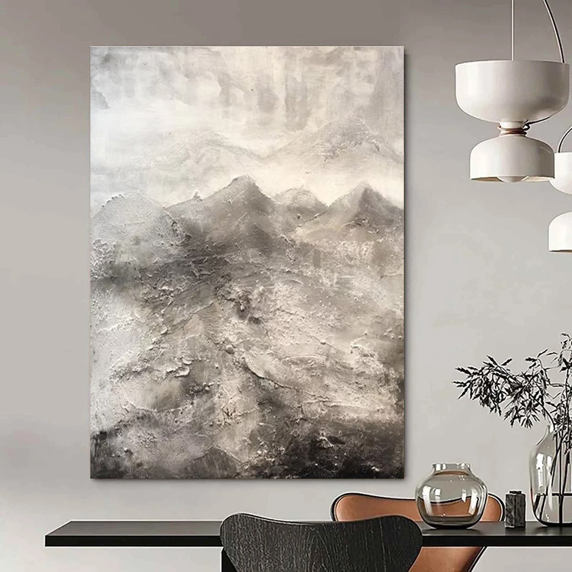 Evocative Gray - Toned Textured Mountains Painting for Nature - Inspired Spaces HENG256