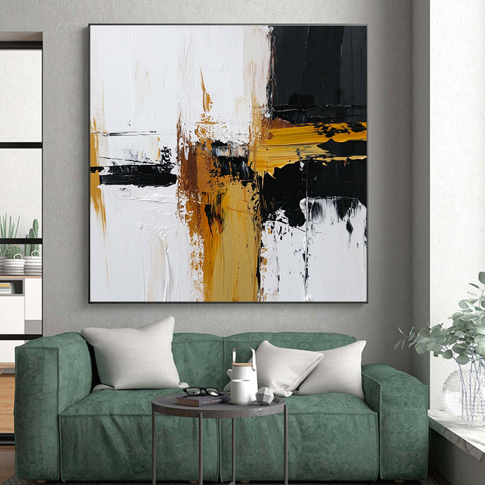Black White Gold Abstract Painting with Modern Drama WINK483