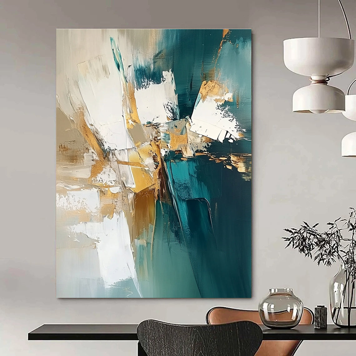 Teal and Gold Textured Abstract Painting for Coastal - Inspired Living Rooms GAB0901