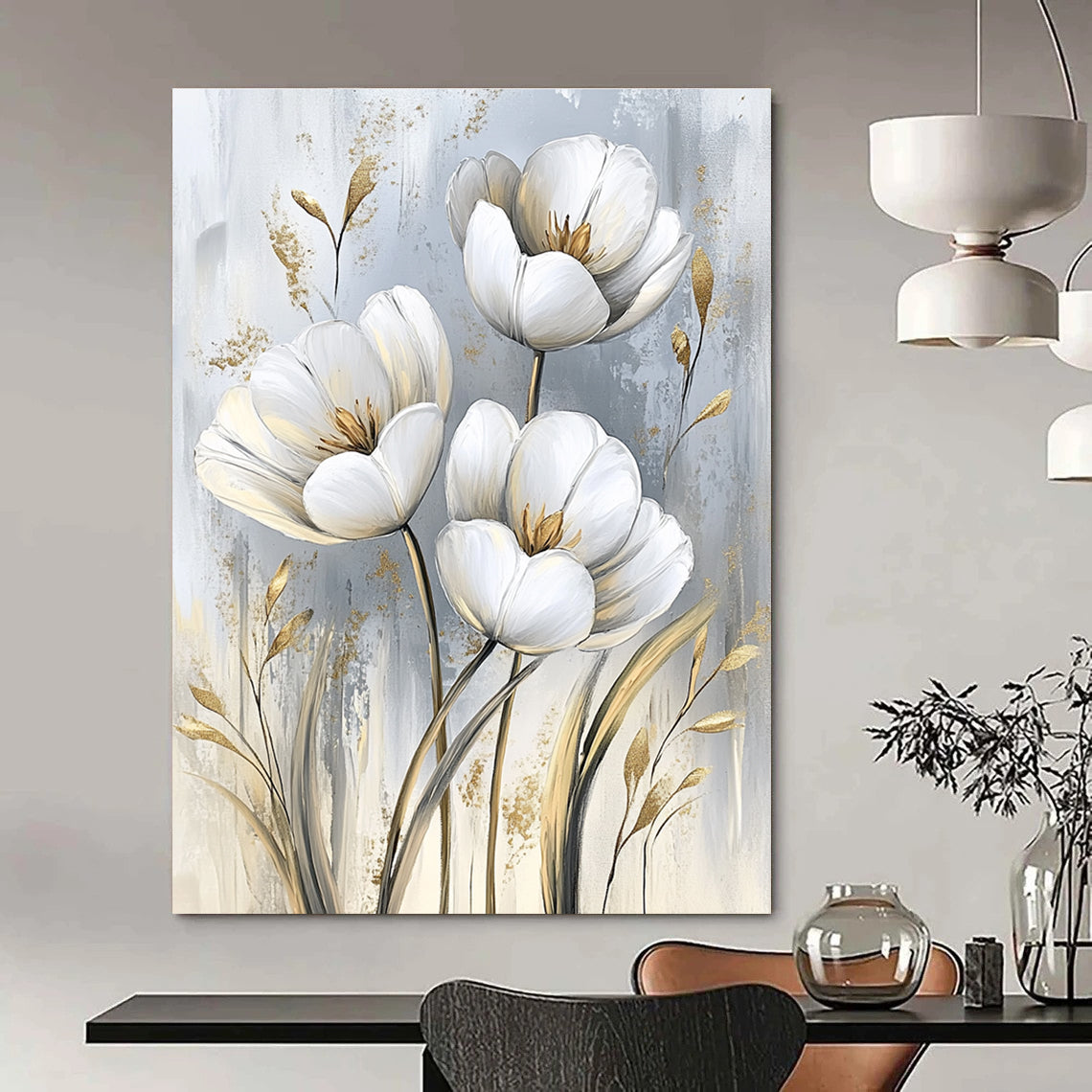White Tulips with Gold Chic Abstract Painting for Modern Living GAB1526