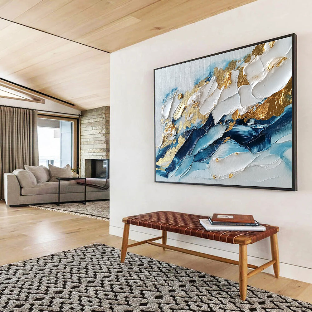 Blue - White - Gold Abstract Painting with Textured Impasto ABS260