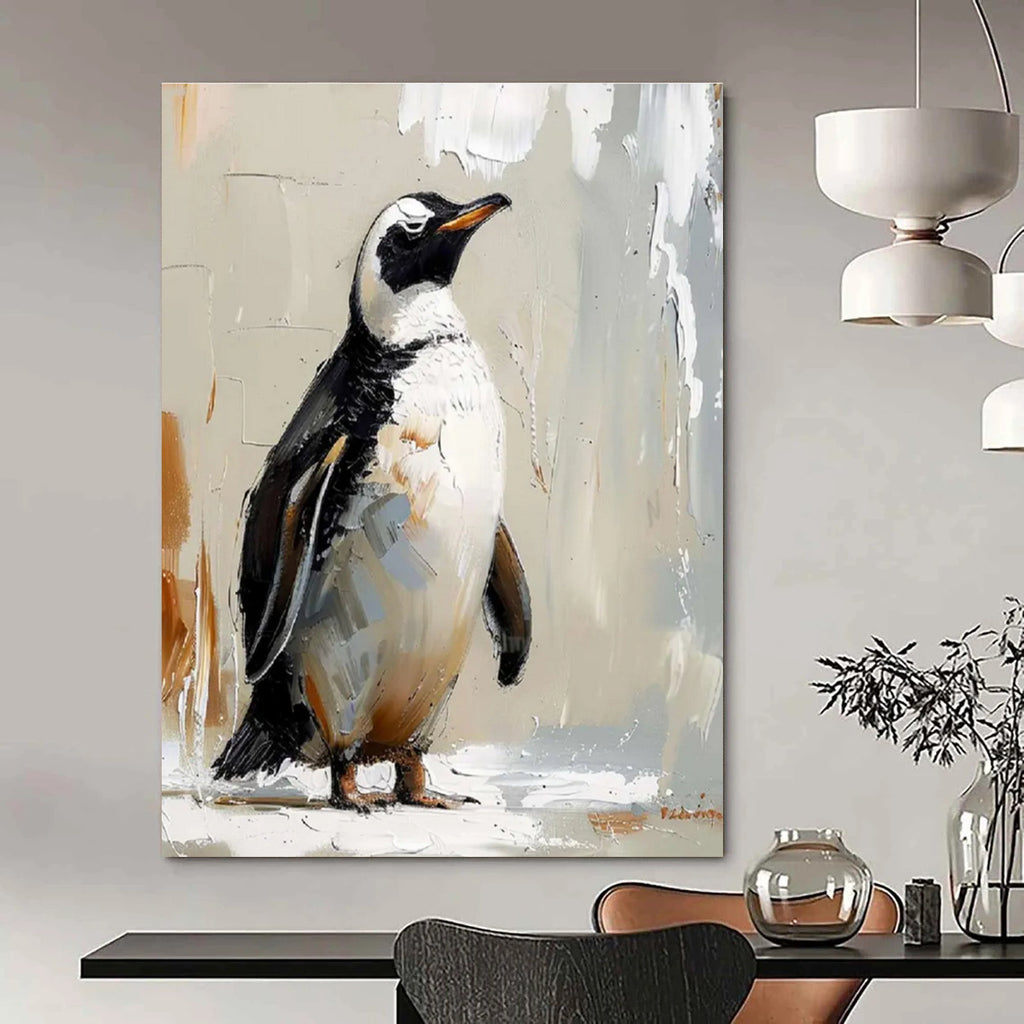 Textured Penguin Portrait Abstract Painting for Playful Kids' Spaces HENG496