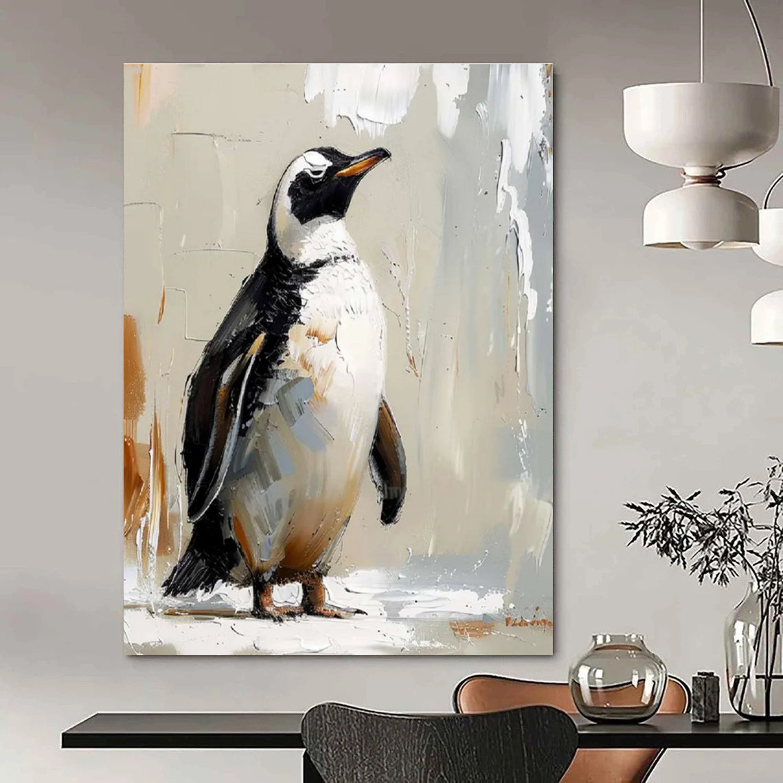 Textured Penguin Portrait Abstract Painting for Playful Kids' Spaces HENG496