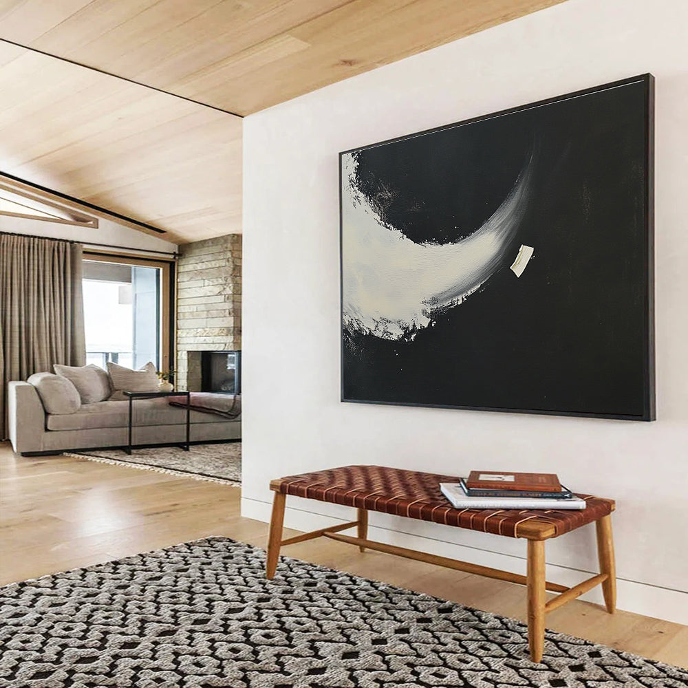 Black - White Crescent Abstract Painting with a Simple yet Striking Design ABS256