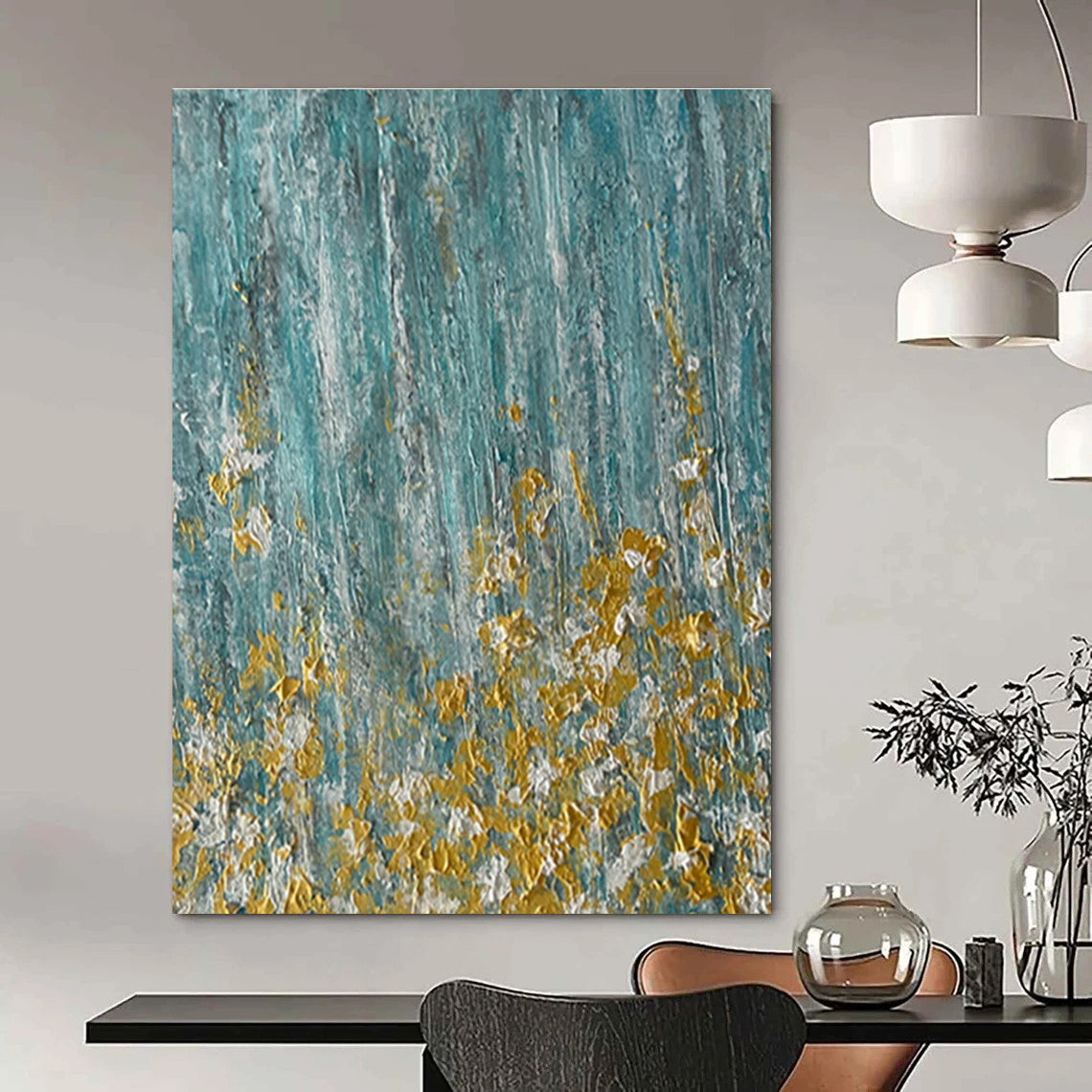 Teal with Gold Flecks Abstract Painting for Luxe Spa Retreats HENG462