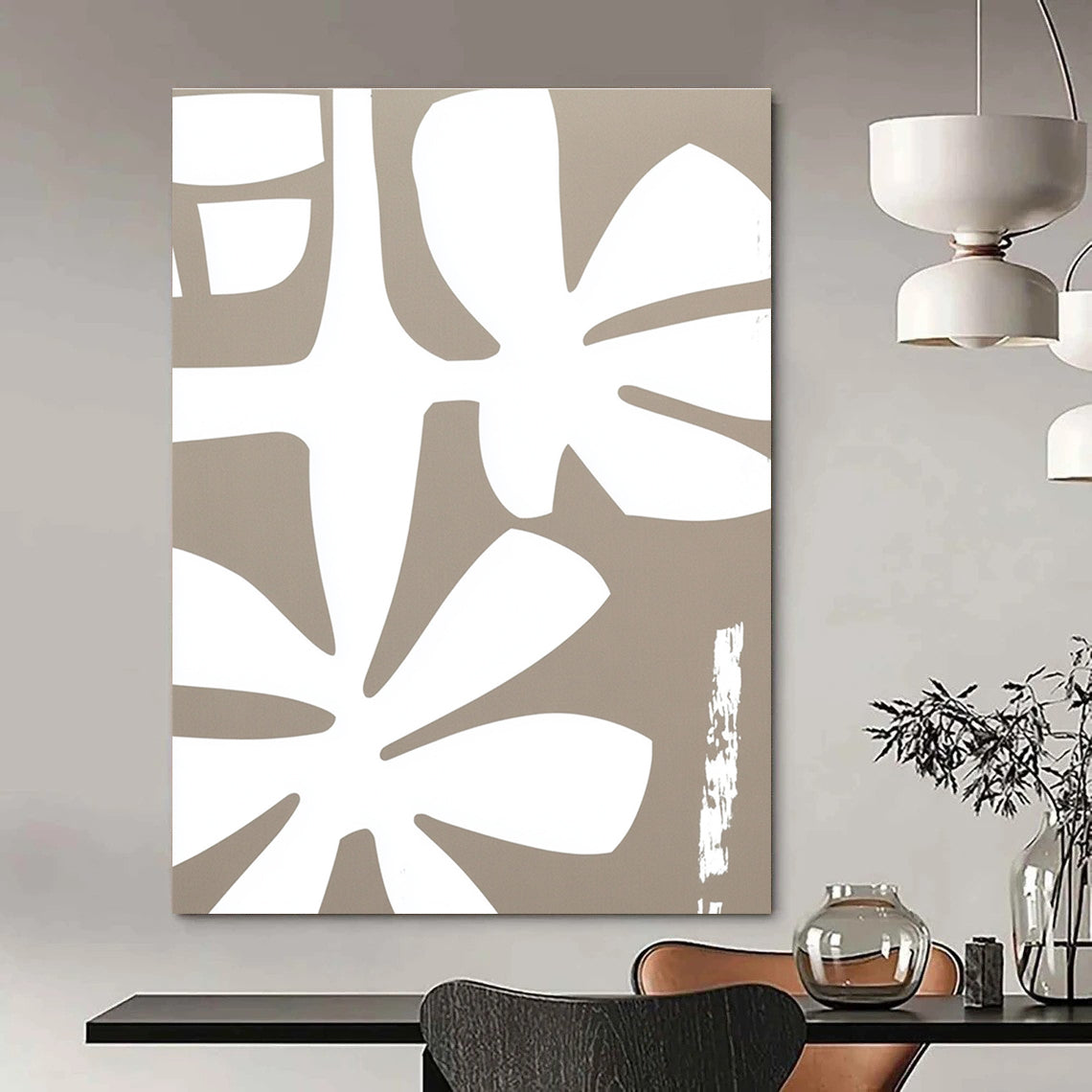 White Floral Shapes on Beige - Stylized Botanical Art GAB0401