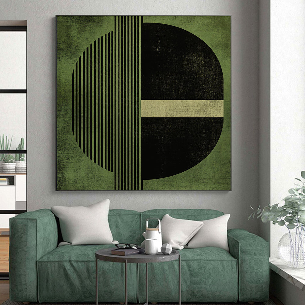 Geometric Green and Black Abstract Painting with Structured Elegance WINK151
