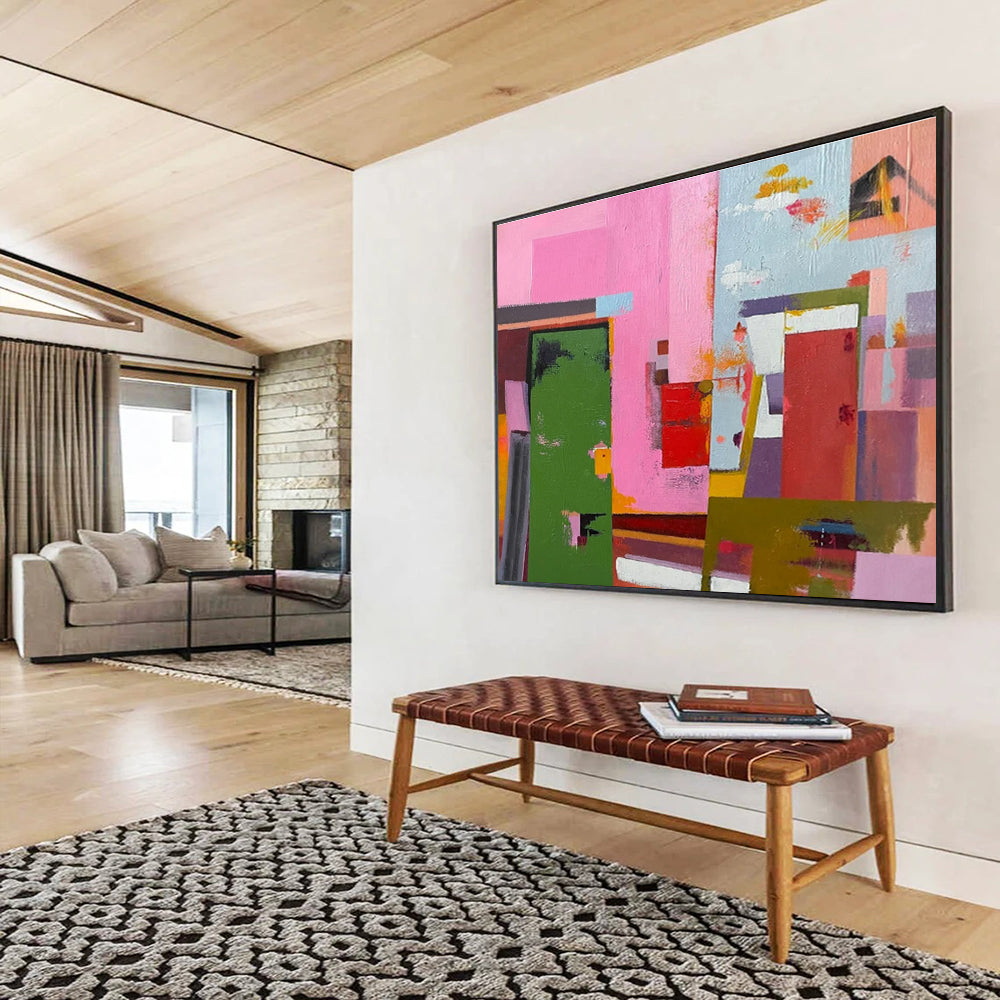 Pink - Toned Abstract City Painting for Modern Spaces YHT013