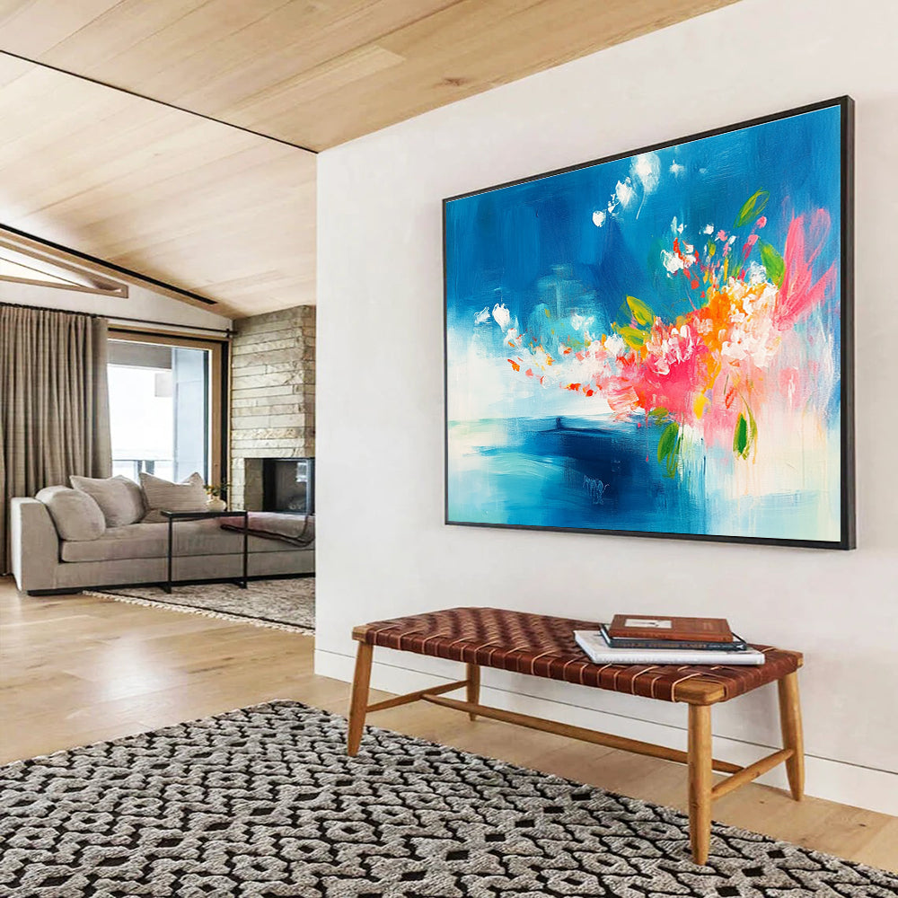 Blue Sky and Colorful Flowers Abstract Painting with Expressive Brushwork ABS394