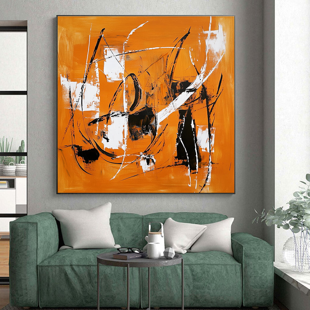 Orange Black White Abstract Painting with Dynamic Lines WINK659