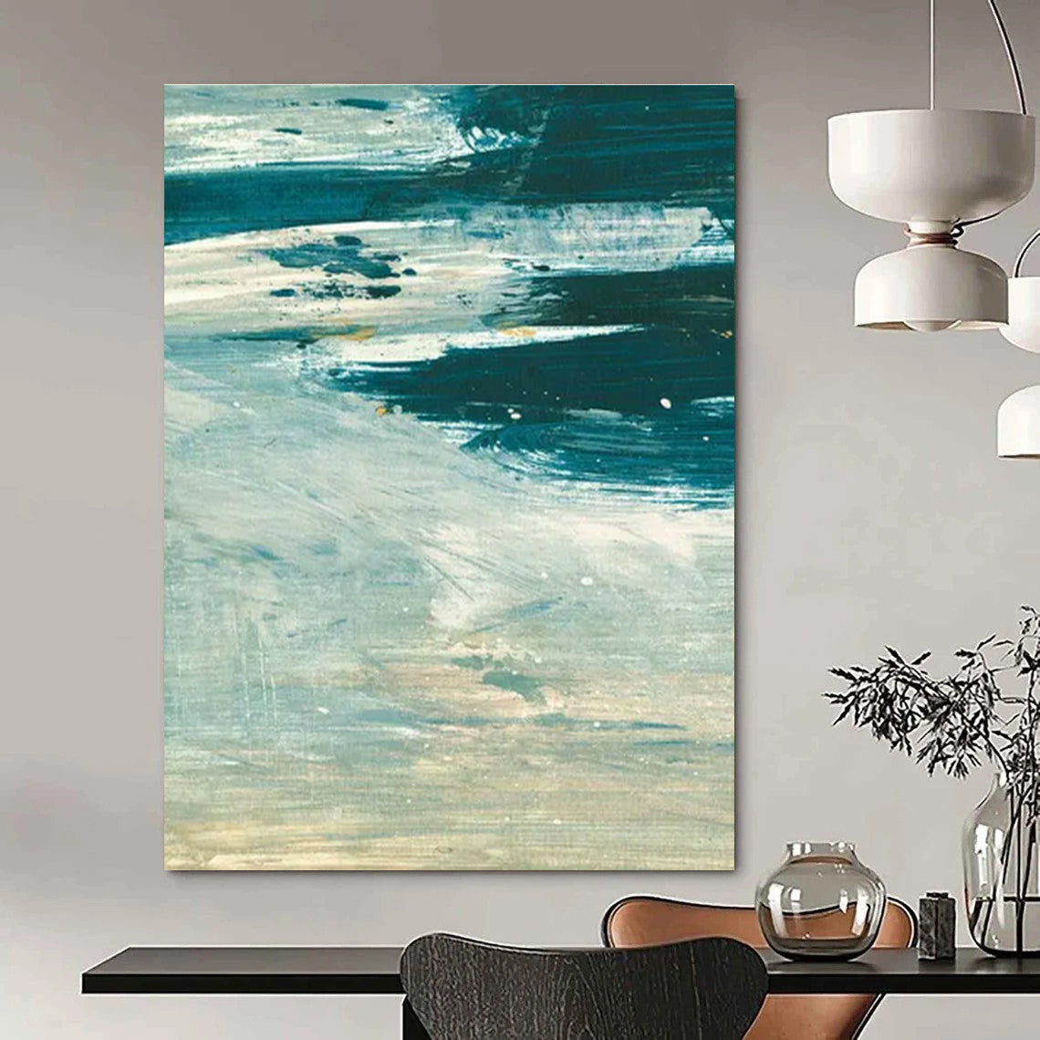 Textured Blue - Green Abstract Painting for Coastal - Inspired Home Offices HENG176