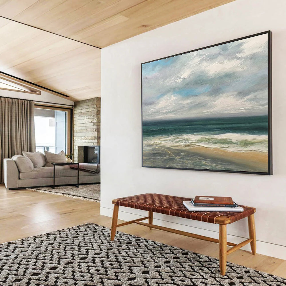 Cloudy Beach Scene Seascape Abstract Painting for Coastal Vibes YHT020