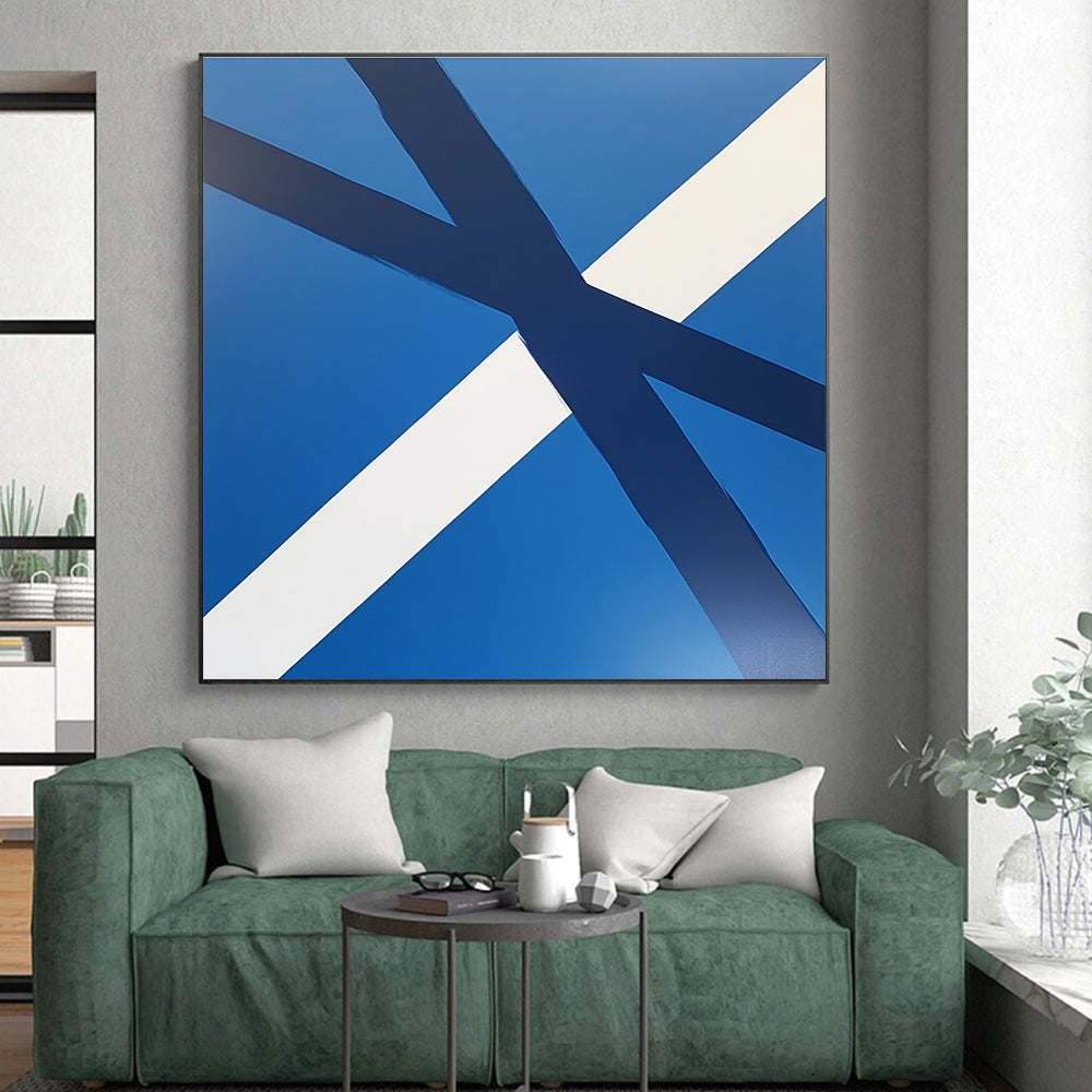 Blue and White Crossed Stripes Abstract Painting with Clean Geometry WINK023