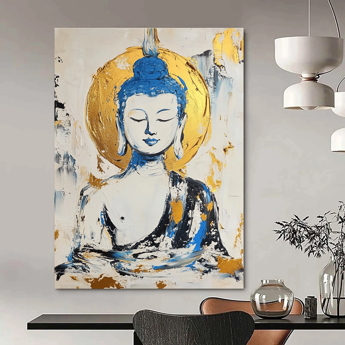 Buddha in Blue and Gold Abstract Painting for Spiritual Retreat Centers GAB0799