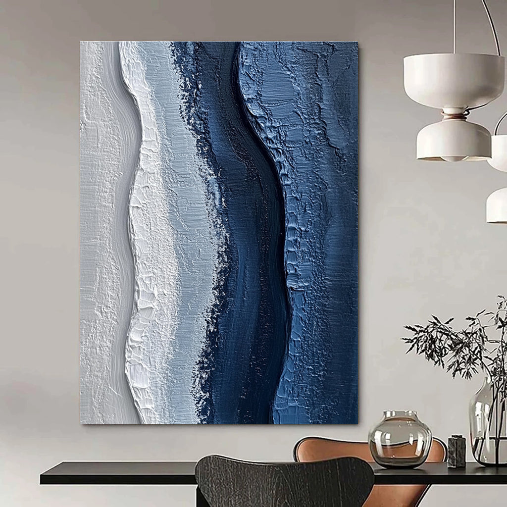 Blue and White Textured Waves Abstract Painting of Oceanic Calm GAB0093