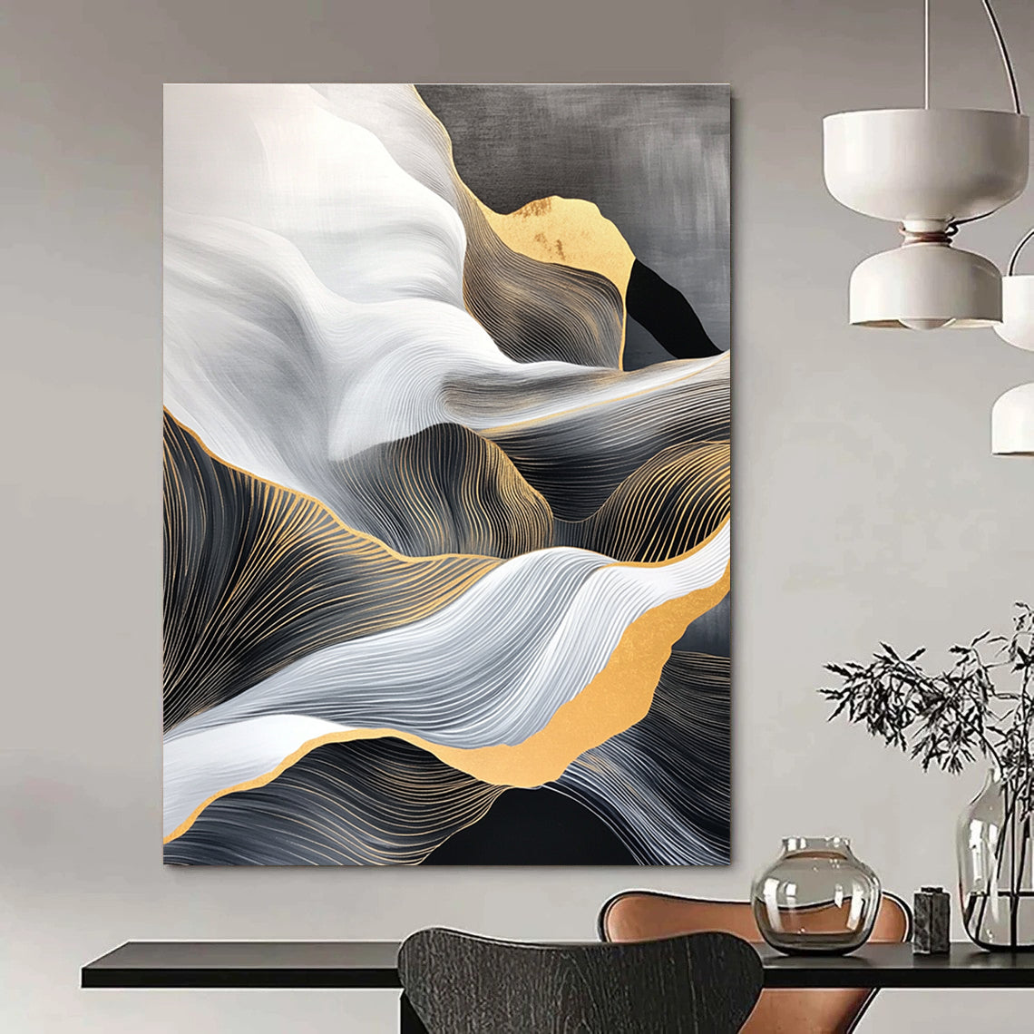 Golden - Lined Wave Abstract Painting for Sophisticated Living Rooms GAB0820