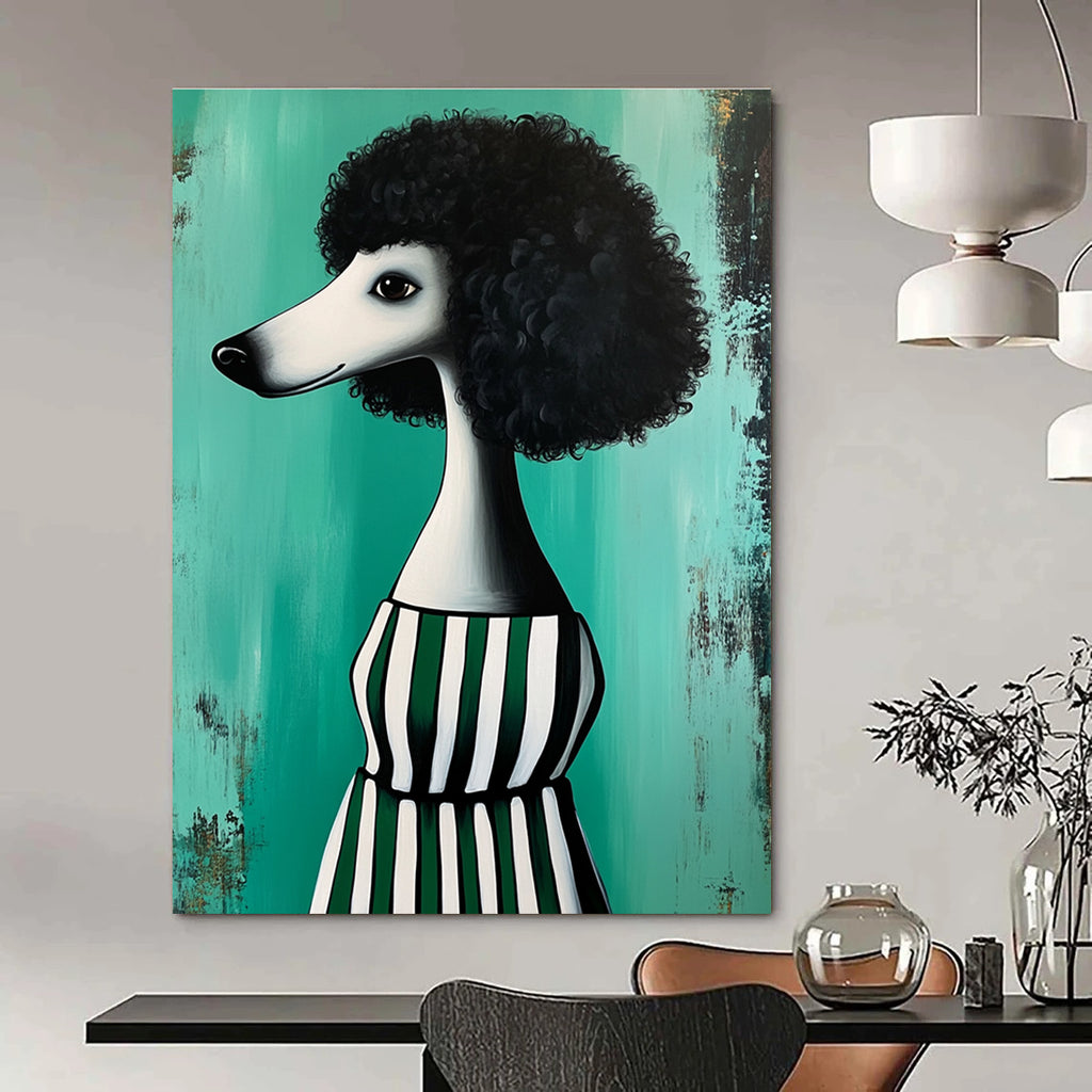 Poodle in Striped Dress Abstract Painting of Quirky Fashion GAB0133