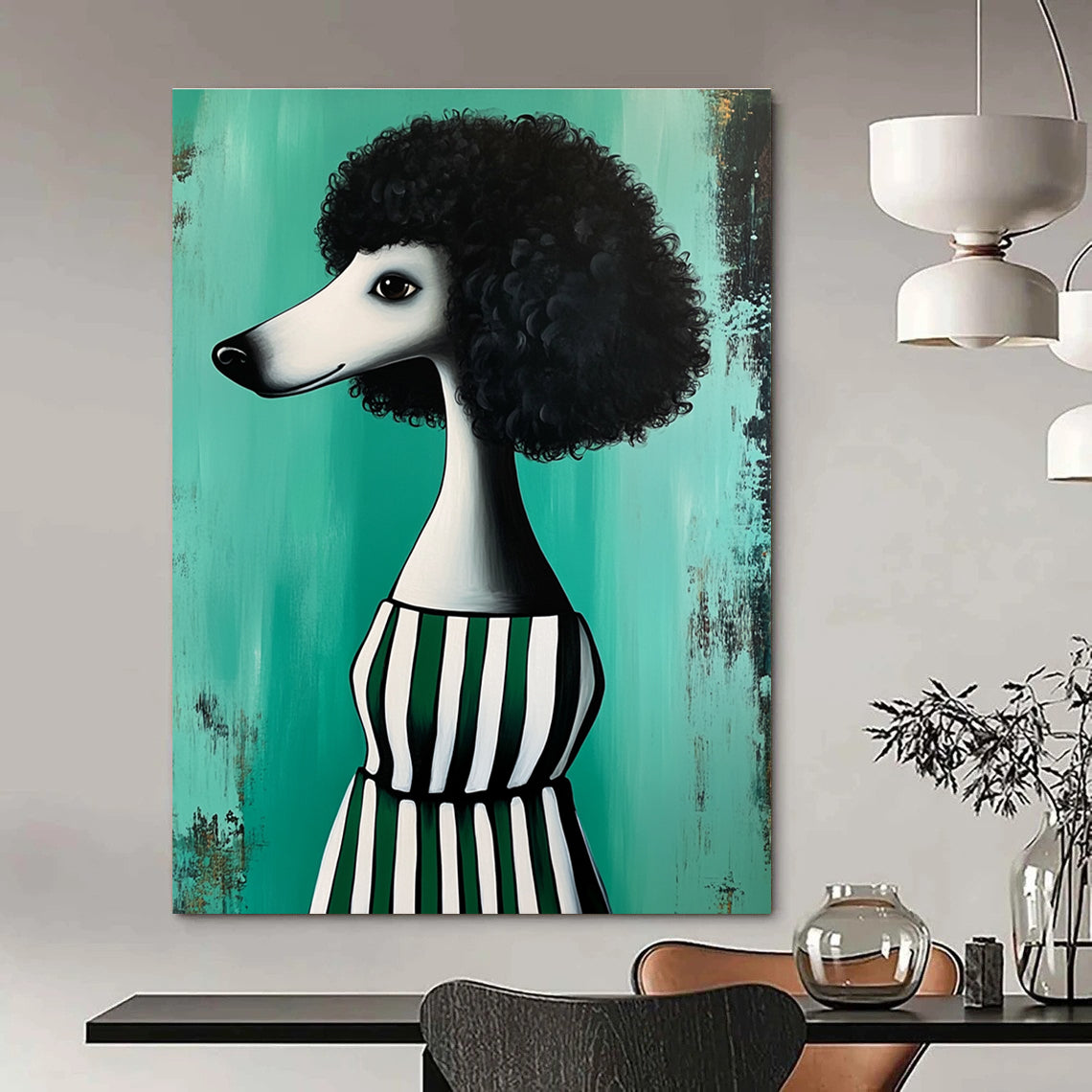 Poodle in Striped Dress Abstract Painting of Quirky Fashion GAB0133