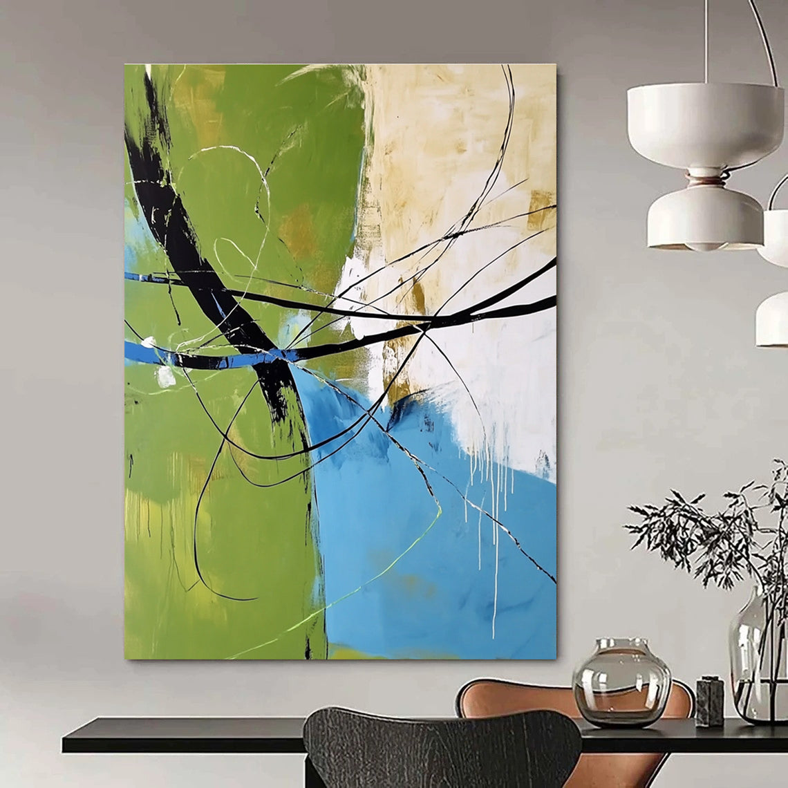 Green Blue Line Abstract Painting for Contemporary Art Galleries GAB0779