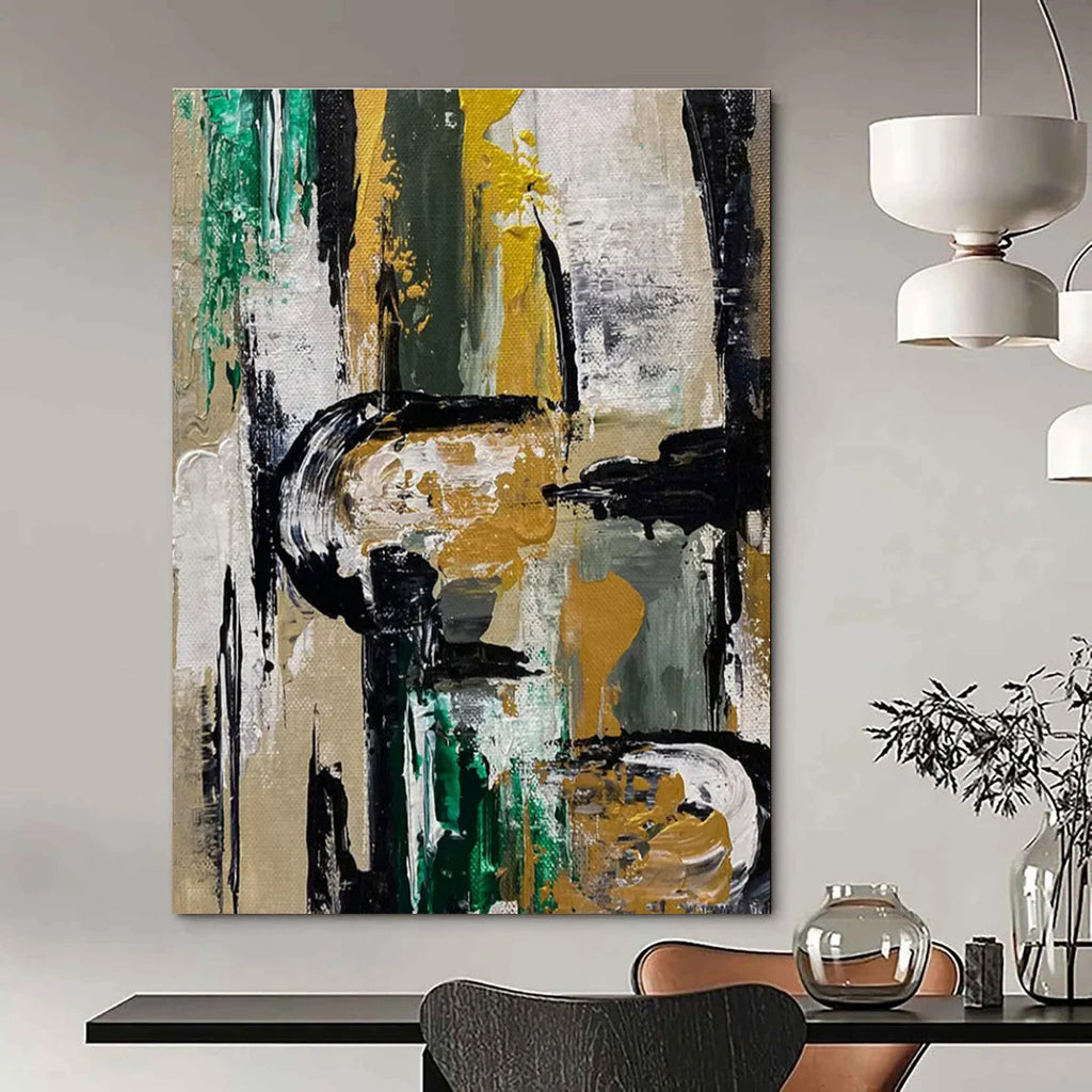 Gold and Green Abstract Painting for Sophisticated Office Receptions HENG468