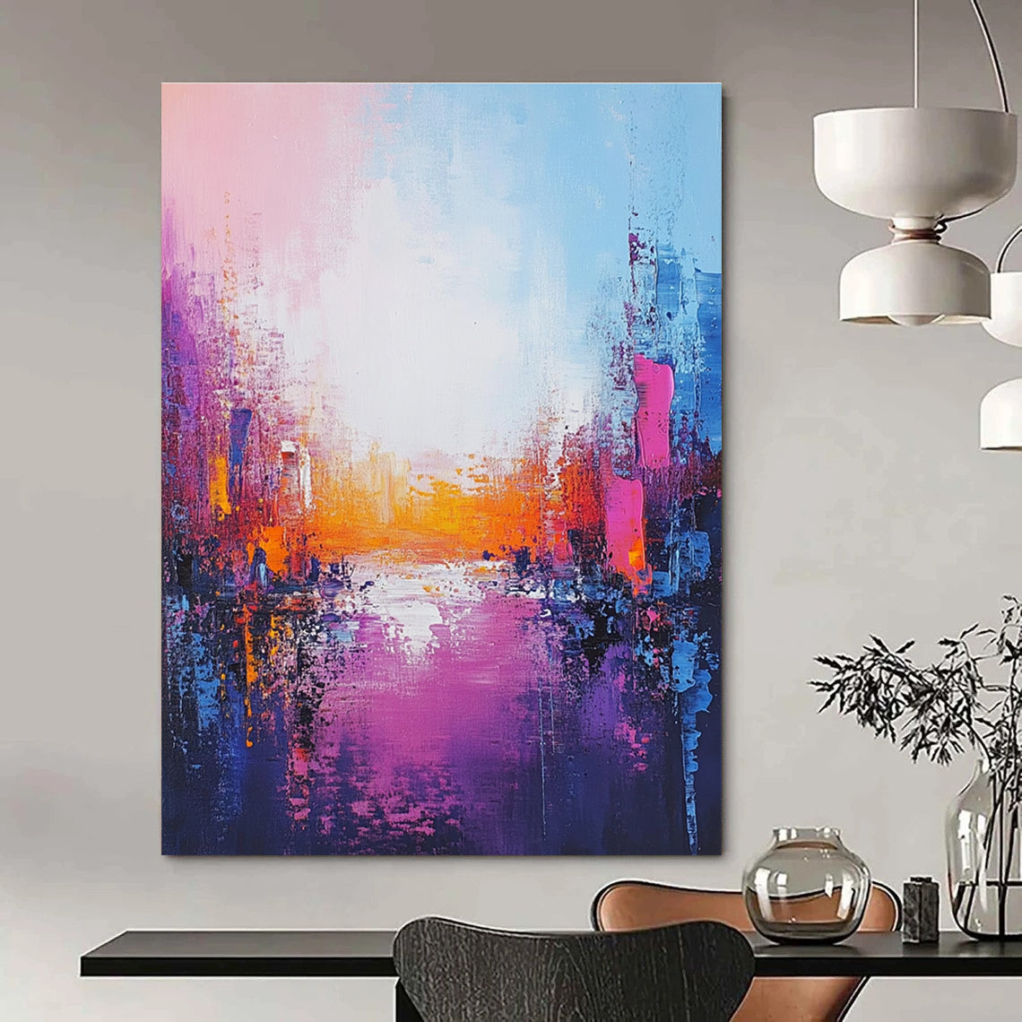 Colorful Cityscape Sunset Abstract Painting for Artistic Office Lounges GAB0806