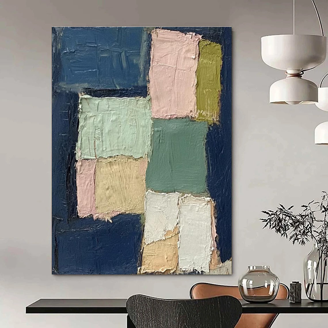 Pastel Patchwork Abstract Painting for Scandinavian - Style Living Rooms HENG013