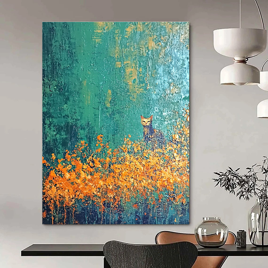 Cat in the Flower Field Enchanted Landscape Abstract Painting GAB0261