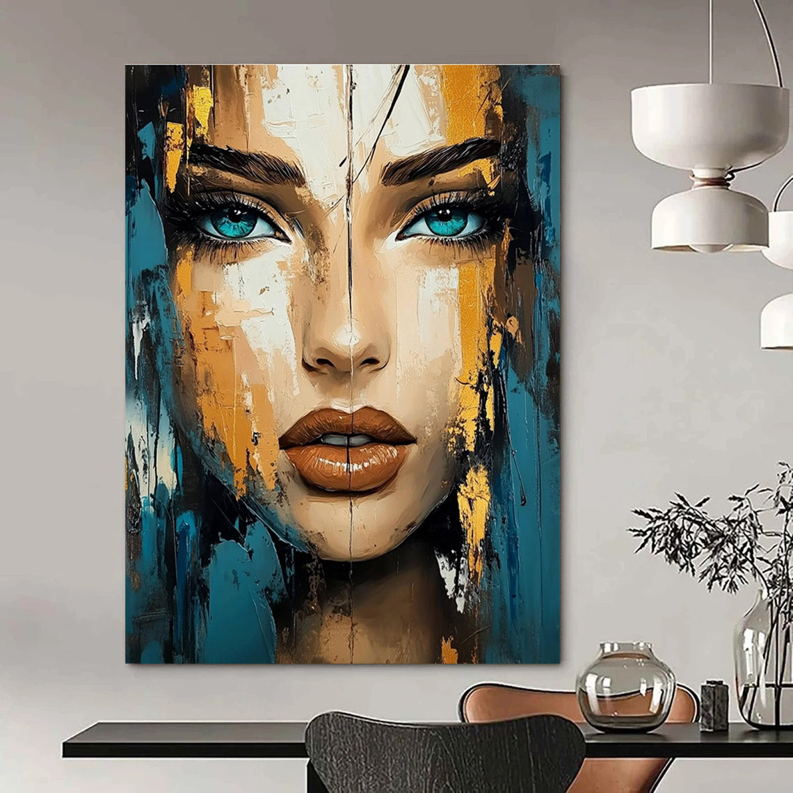 Blue - Gold Contrast Portrait Abstract Painting: Expressive Textures & Personality GAB0951
