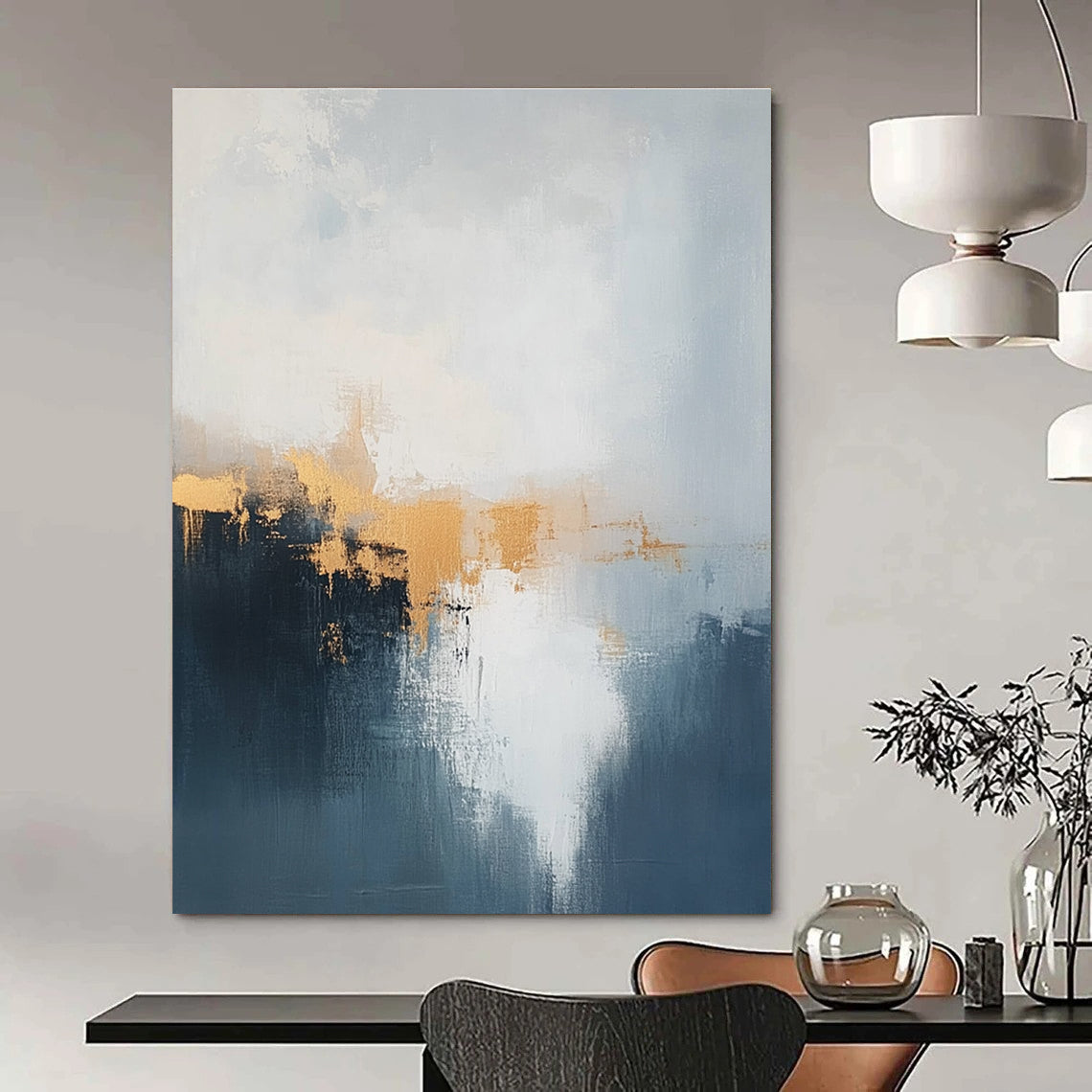 Blue and Gold Abstract Mist Painting for Coastal Hotel Lobbies GAB1189