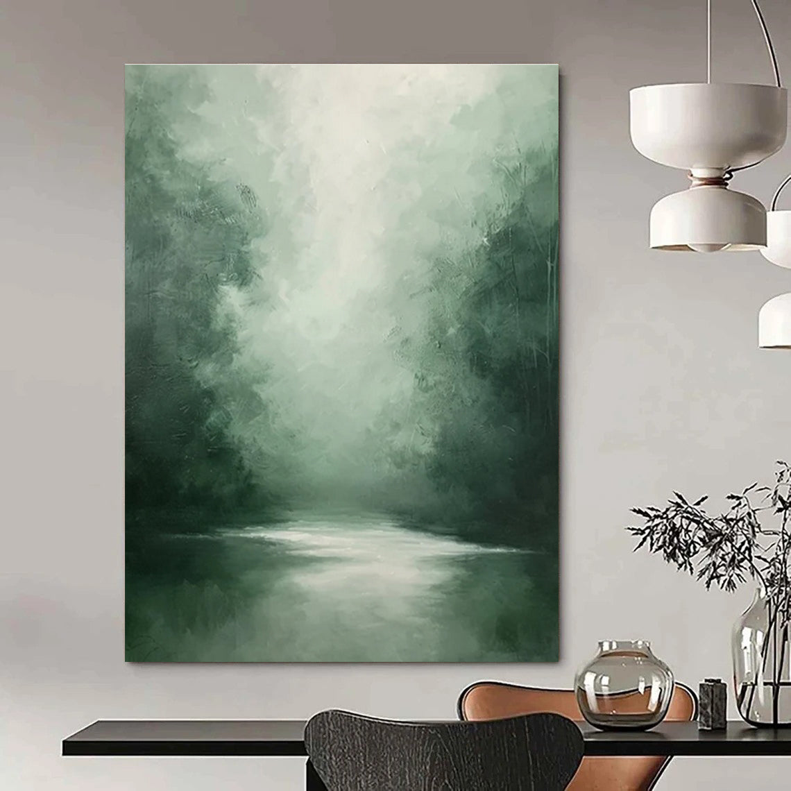 Misty Forest River Abstract Painting for Yoga Studio Relaxation Zones HENG024