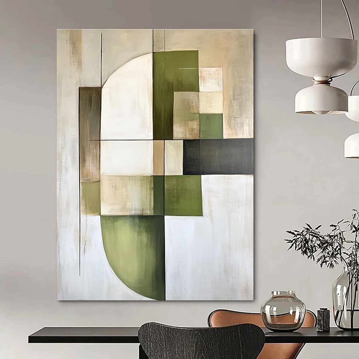 Green and Beige Geometric Abstract Painting for Minimalist - Inspired Offices GAB0903