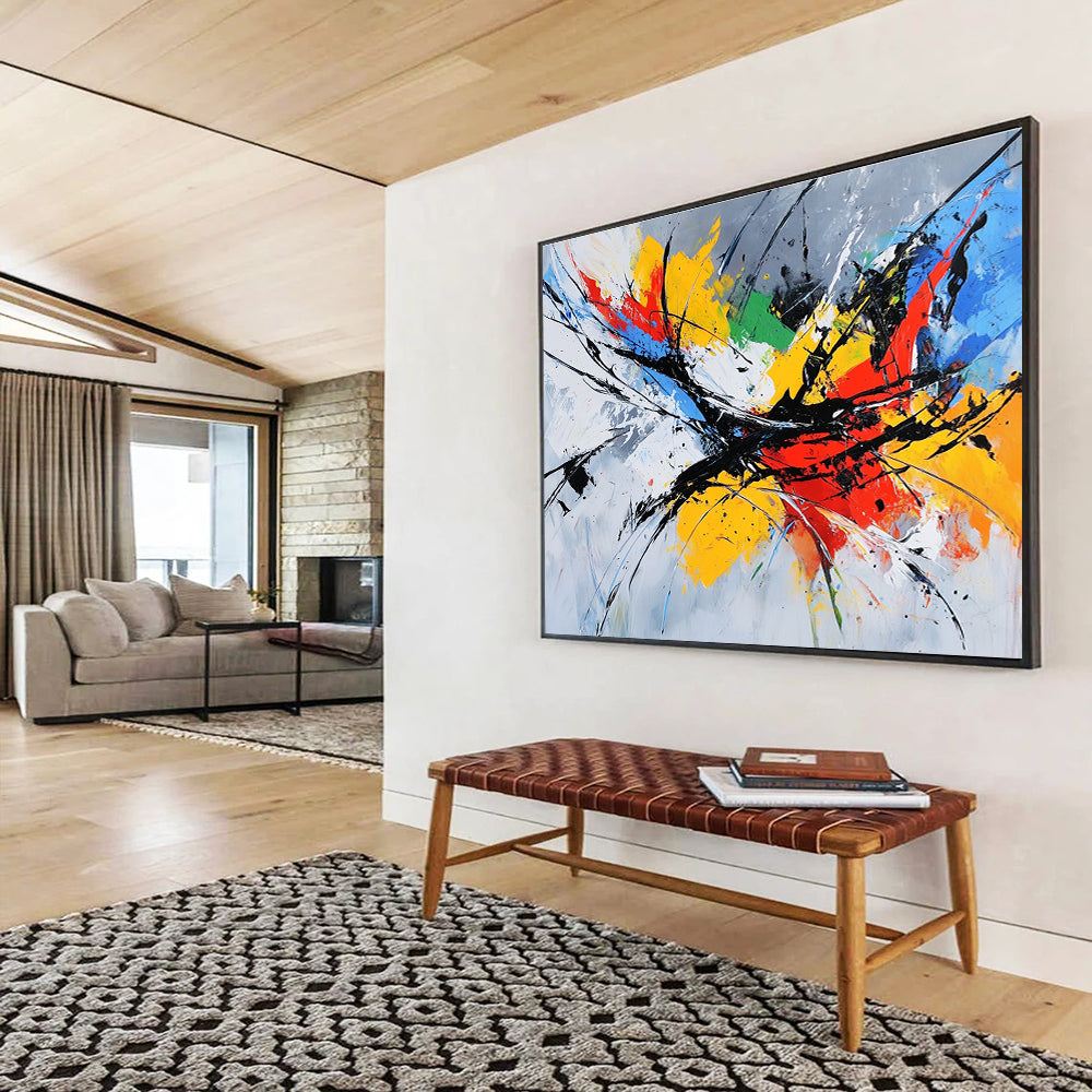Colorful Expressive Splatter with Dynamic Black Lines Abstract Painting ABS332