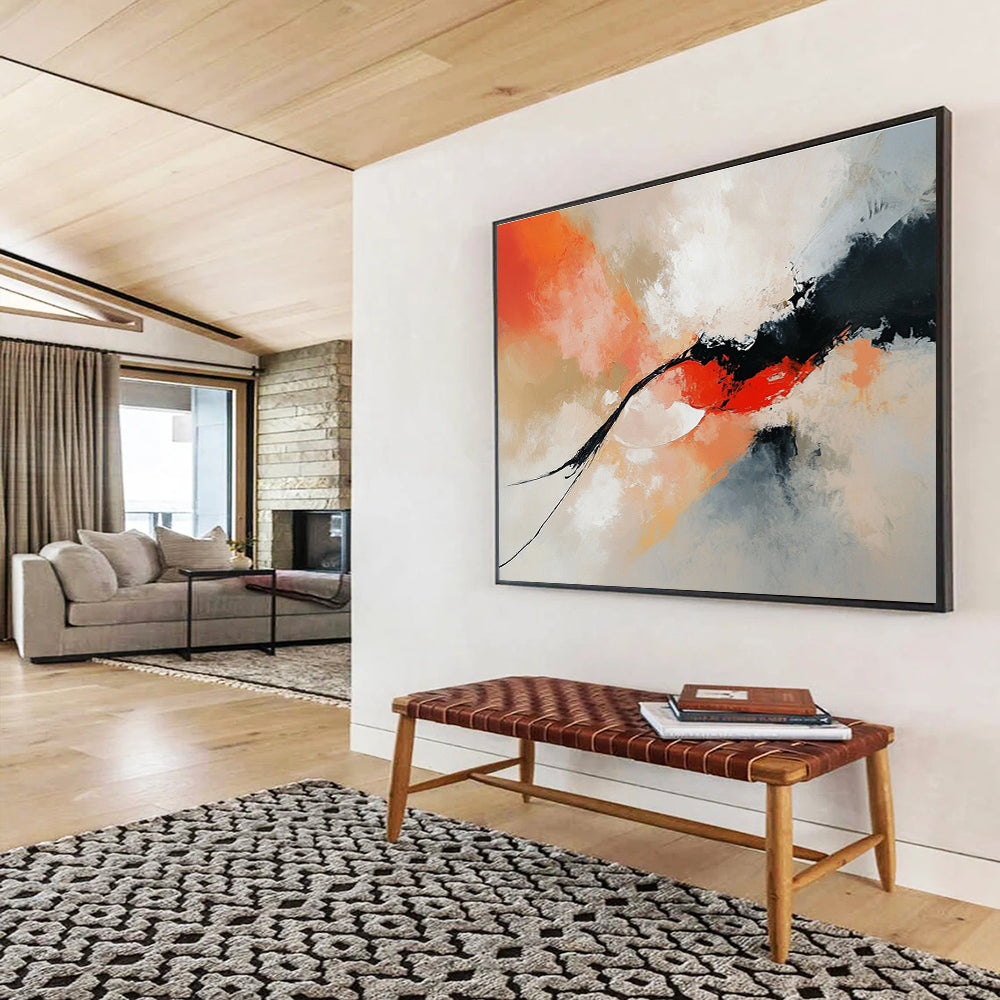 Orange and Black Abstract Painting with Dynamic Forms ABS424