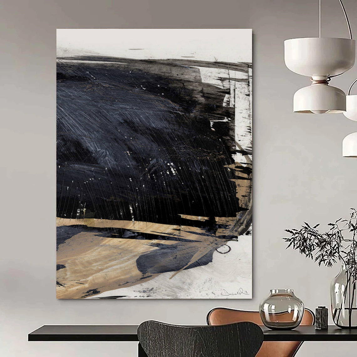 Dynamic Black - Beige Abstract Painting for Contemporary Art Exhibits HENG202