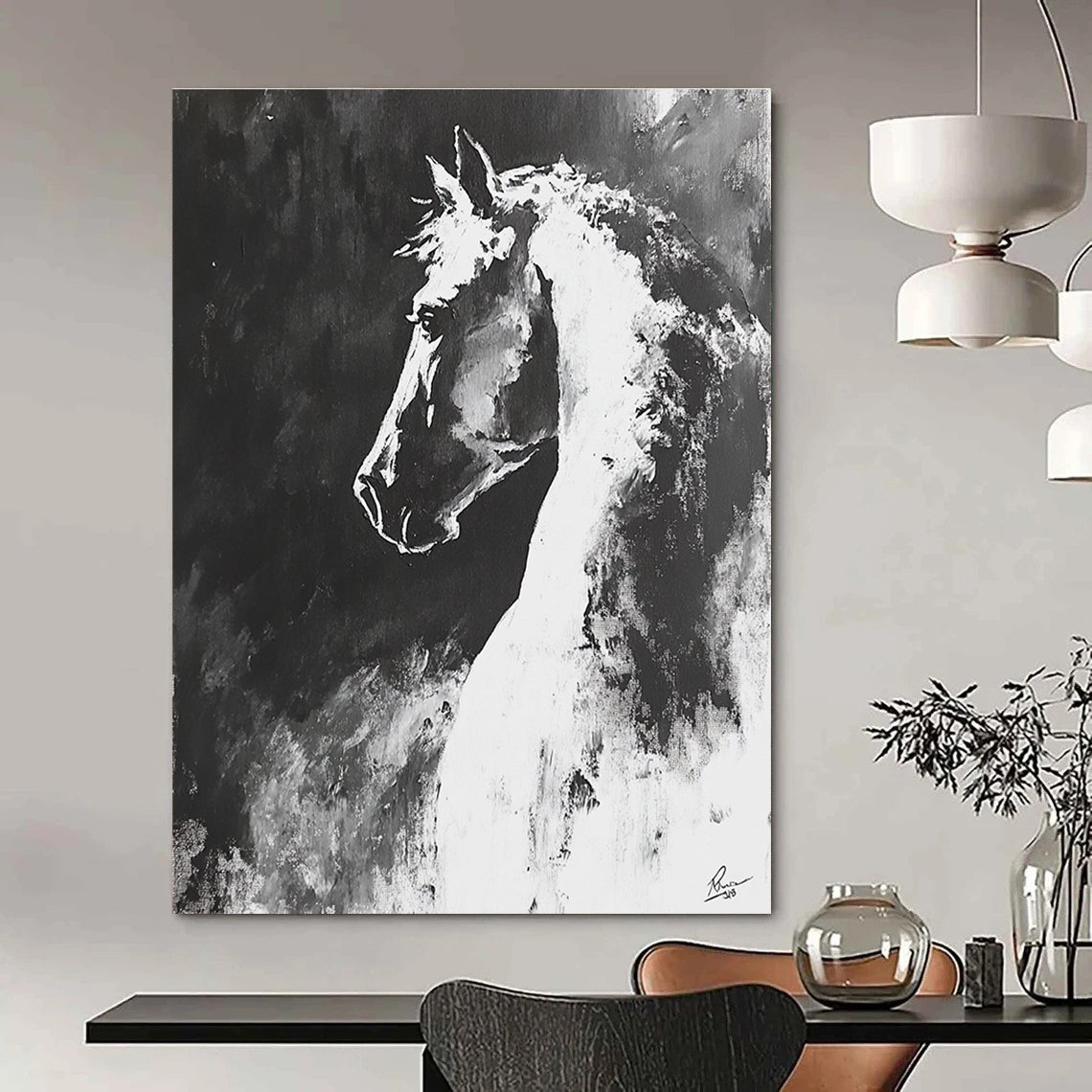 Black and White Horse Abstract Painting for Equestrian Lovers GAB0705
