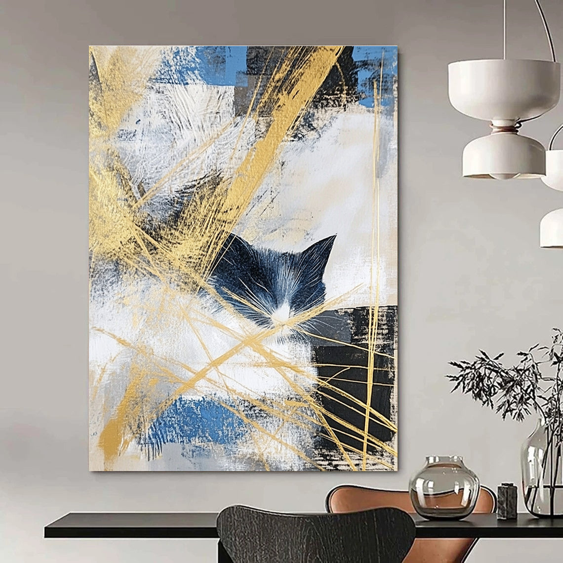 Abstract Cat Silhouette Painting with Golden Accents GAB0661