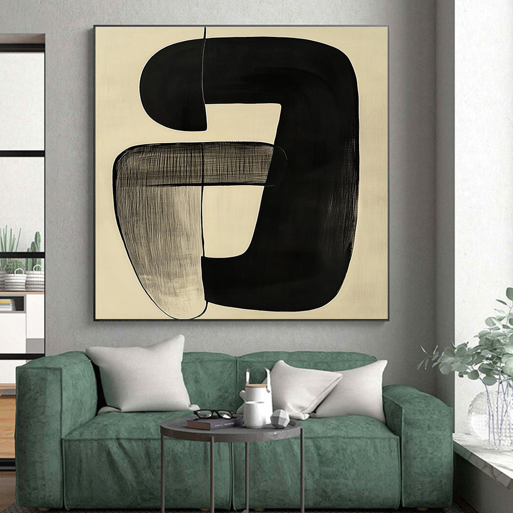 Curved Black Forms on Beige Abstract Painting with Subtle Flow WINK012