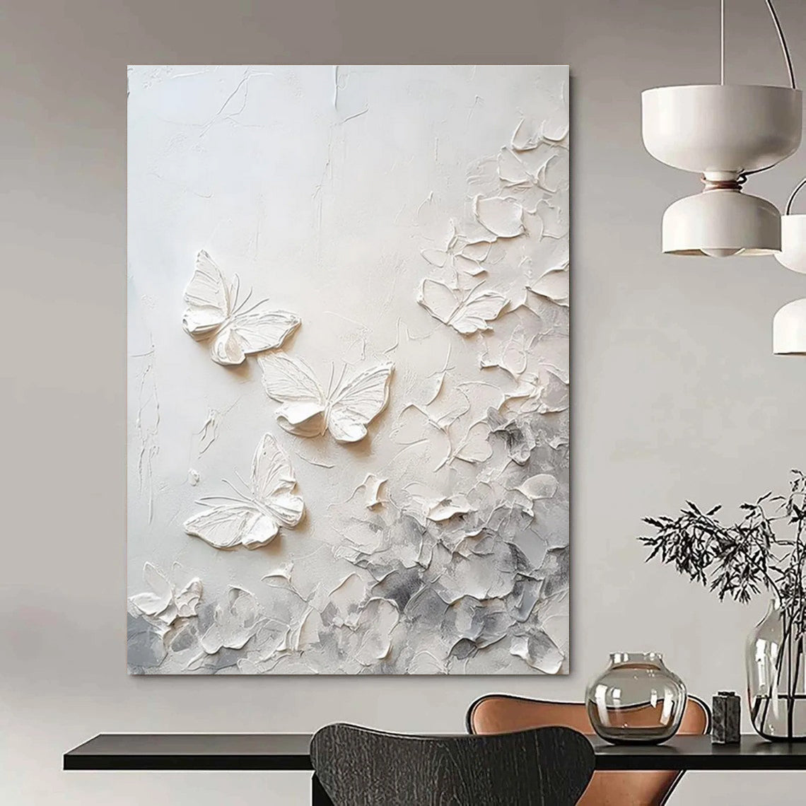 White Textured Butterflies Abstract Painting for Whimsical Nurseries HENG448